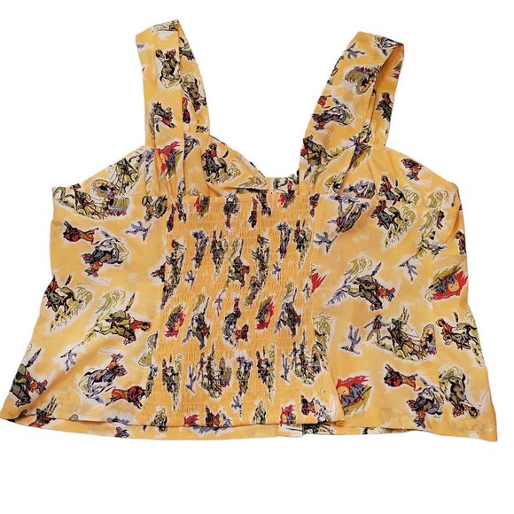 Modcloth Cropped Yellow Western Scene Sleeveless Blouse - Picture 6 of 15